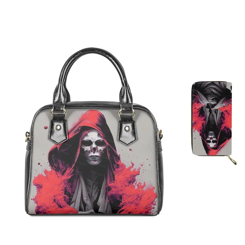 

2023 New Fashion Punk Style Skull Printing Women Leather Shoulder Handbag Wallet Ladies Casual Top-handle Bag Crossbody 2/Set