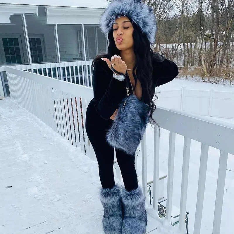 Winter Women Shoes Adult And Kids Platform Boots Faux Fluffy Fur