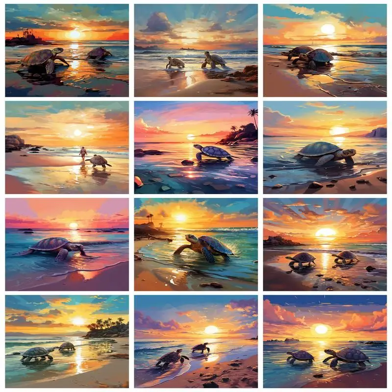 GATYZTORY Oil Painting By Number Turtles on the Beach DIY Paint By Numbers Seaside On Canvas Home Decoration Frame Animal Gift