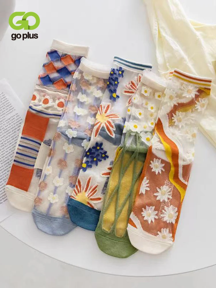 GOPLUS Woman Socks 2022 New Summer Cute Flower Sweet Korean Style Transparent Breathable Thin Sokken Kawaii 5pcs |