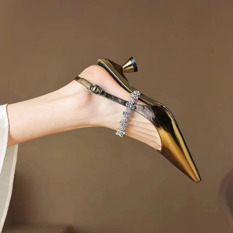 2025 Women Sandals Ladies Sexy Buckle Rhinestone High Heels Female Casual Shoes Golden Silver Point Toe Trend Summer Pumps 2