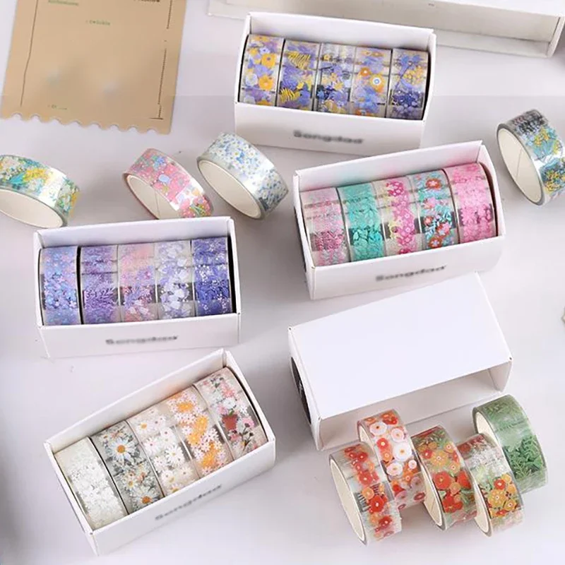 

5pcs/box Kawaii Flower Series Washi Tapes PET Transparent Tape DIY Journal Planner Decoration Stickers Korean Stationery Office