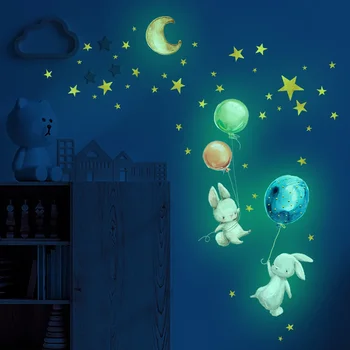 Adesivi murali luminosi con palloncino a forma di coniglietto dei cartoni animati che si illuminano al buio, carta da parati per la camera dei bambini, soggiorno, scuola materna, decorazioni per la casa 1