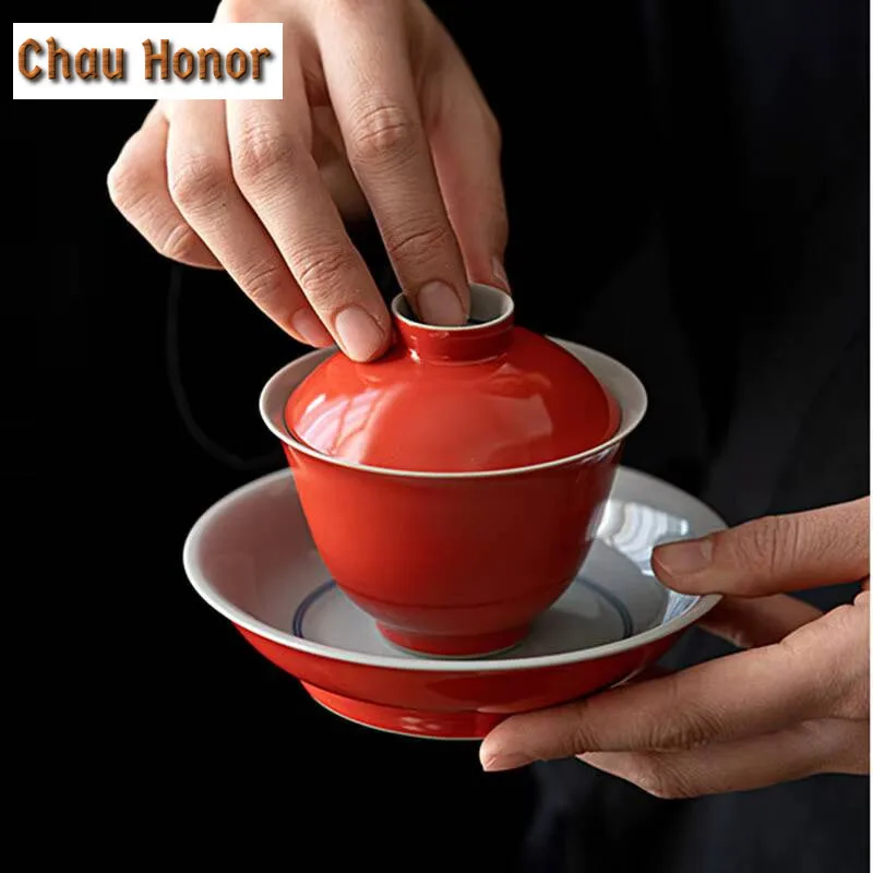 160ml Persimmon Red Ceramic Sancai Covered Bowl TeaCup Handmade Household Puer Kungfu Teaset Tea Ceremony Accessories Drinkware