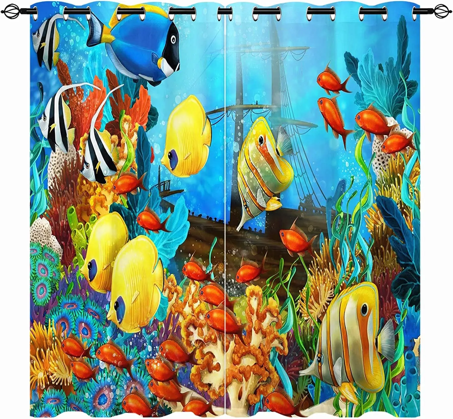 

3D Tropical Fish Coral Underwater Shipwreck Window Curtain, Thin Shading, Living Room, Bedroom Decor, Rod Pocket, 2 Pieces