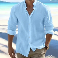 Casual Men's Linen Shirt Summer Long Sleeve Stand Collar Solid Color Beachwear Spring Autumn Daily Wear Comfortable Loose Fit