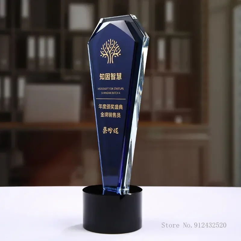 Customization Creative Blue Transparent Crystal Trophy Outstanding Employee Annual Meeting Honor Award Engraved Medal Decor, 1Pc