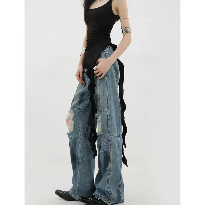 

Women Blue Y2k Ripped Jeans Baggy Harajuku Aesthetic 2000s Trashy Oversize Denim Trousers Streetwear Jean Pants Vintage Clothes