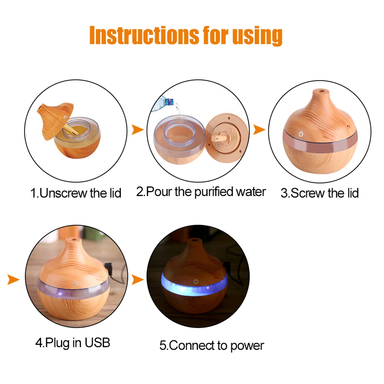 300ml Air Purifier Humidifier LED Touch Humidifier USB LED Touch Wood Grain Air Humidifier Purifier Oil Diffuser 6