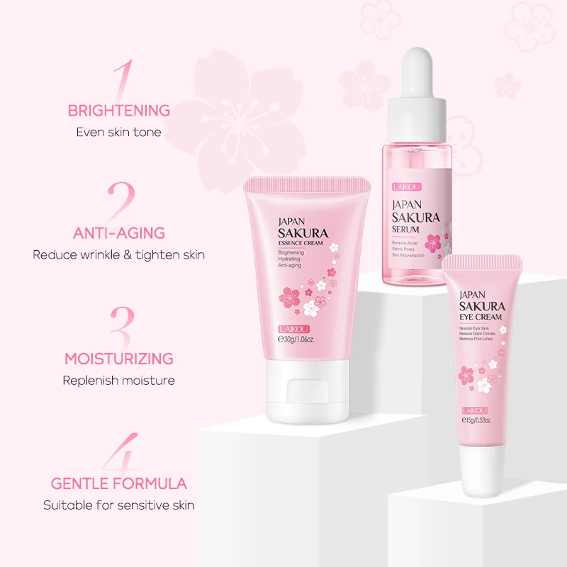 LAIKOU Sakura Brightening Facial Serum Lighten Blemishes Cream Reduce Wrinkles Moisturizer 3pcs/Set
