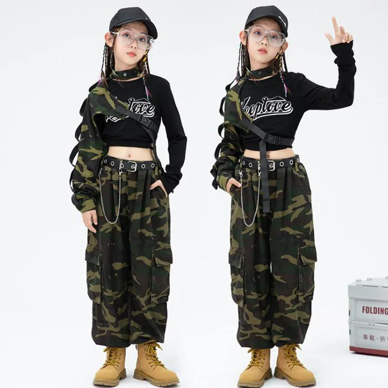 

Girls Teen Showing Outfits Hip Hop Danicng Clothing Crop Shirt Tops Camo Pants For Kids Jazz Dance Costumes Street Wear Clothes