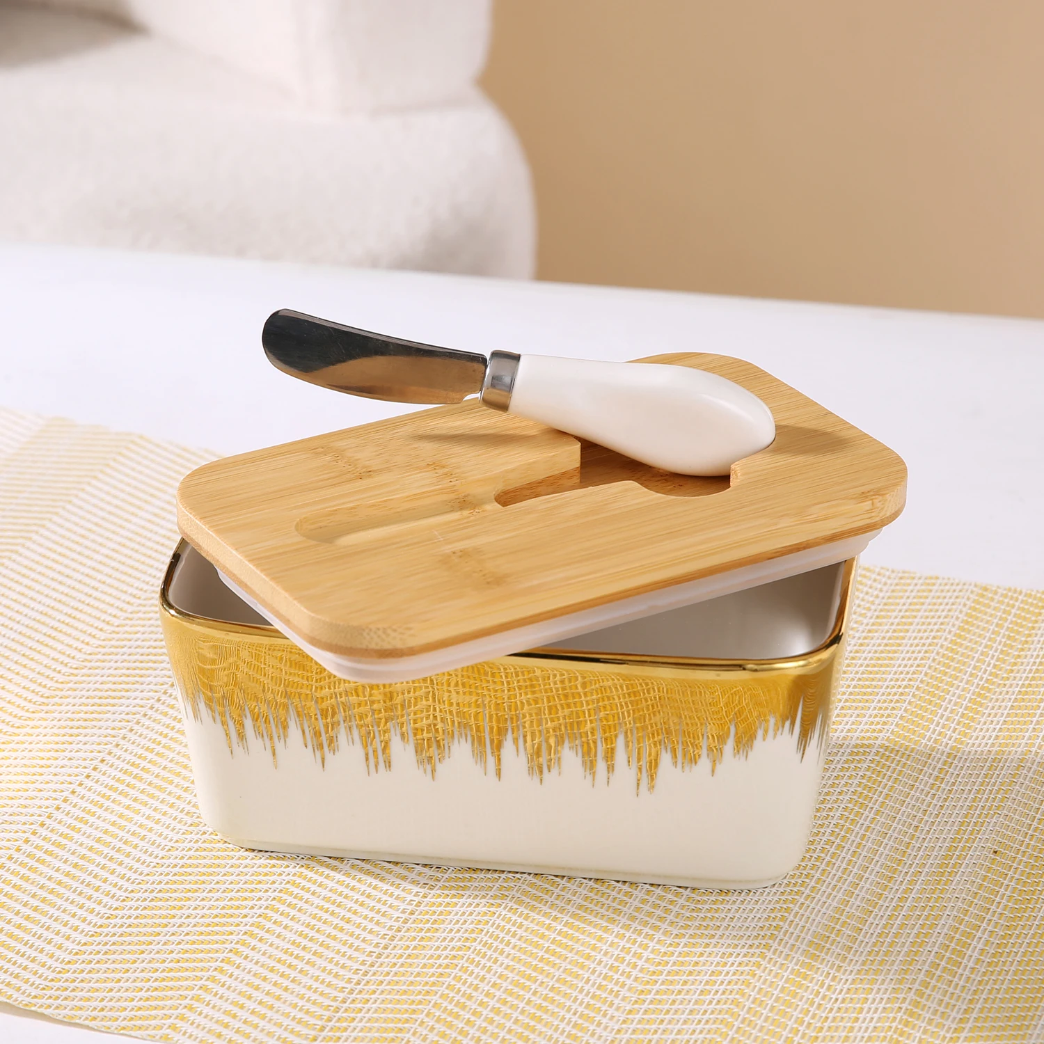 gold edged Ceramic Butter Dish With Bamboo Lid And Knife Large Butter Keeper Container For Counter Airtight Butter Holder