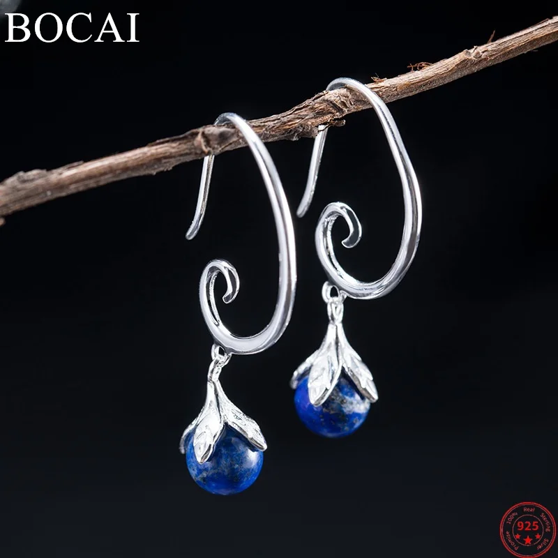 Bocai S925 Orecchini Pendenti Con Ciondoli In Argento Sterling Per Le Donne New Fashion Simplicity Lines Lapislazzuli Ear-Drops Palace Style