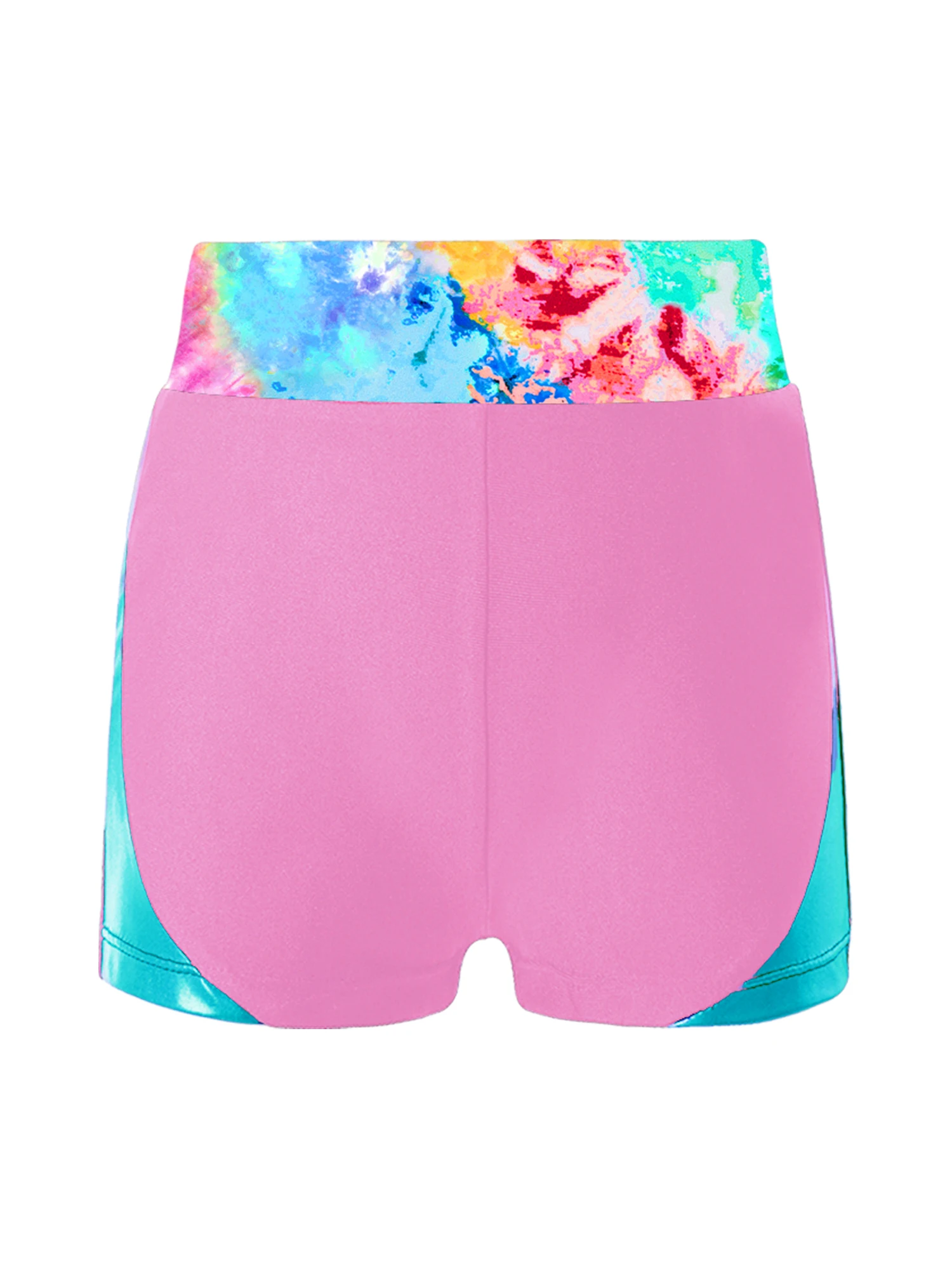 

Kids Girls Mid Waist Shorts Color Block Patchwork Lovely Printed Waistband Pants Swimming Gymnastics Dance Performance Costume