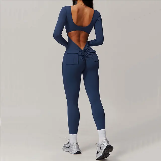 New Backless Yoga Boilersuit Long Sleeved Women Sportswear Jumpsuits Workout High-intensity Fitness Rompers Skin-tight Garment