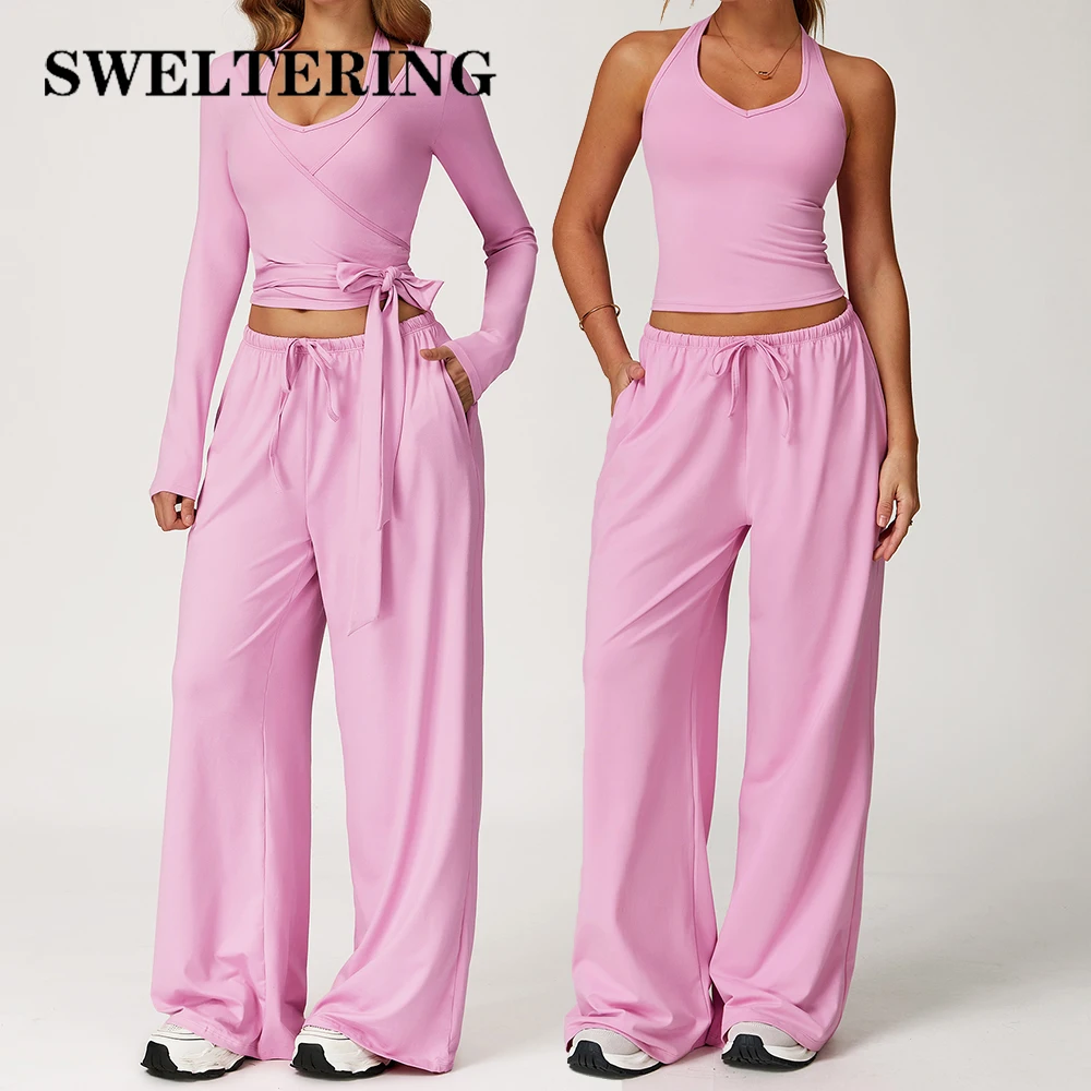 2/3PCS Fitness Suit Women Deep V Yoga Bra Flared pants Sports Suit Gym Tracksuits Female High Waist Bell Bottom Athletic Wear 2