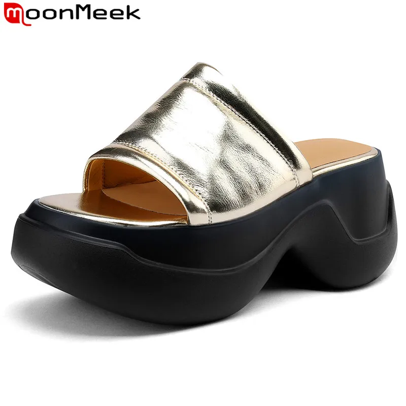 

MoonMeek 2023 New Genuine Leather Modern Platform Slippers Chunky Heels Women's Slippers Top Sale Ladies Summer Shoes