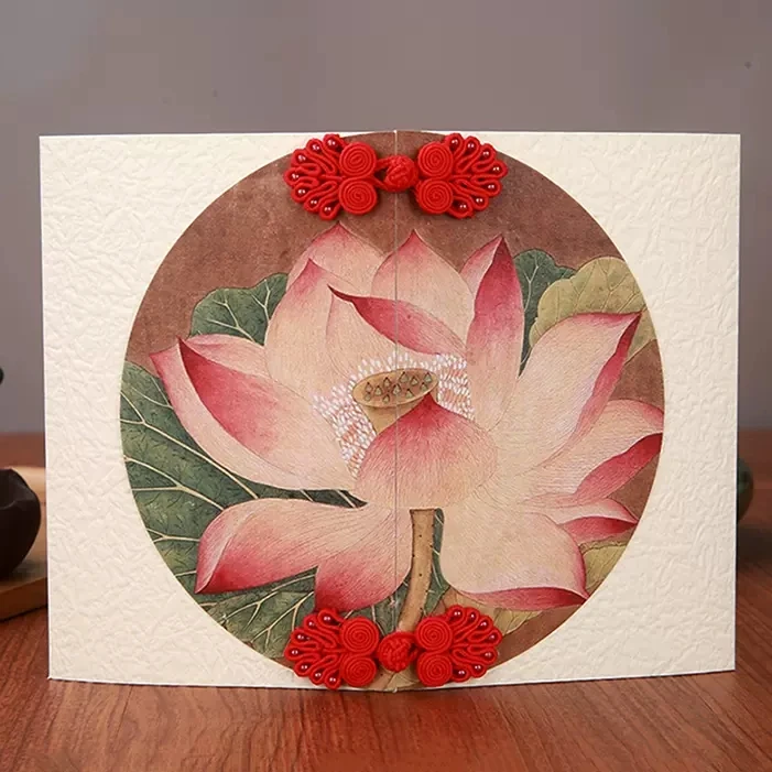 

1pcs 20*15cm Chinese Classic Lotus flower Painting Greeting Card Thanksgiving Thanks Festival red Knot Exquisite Blessing Card