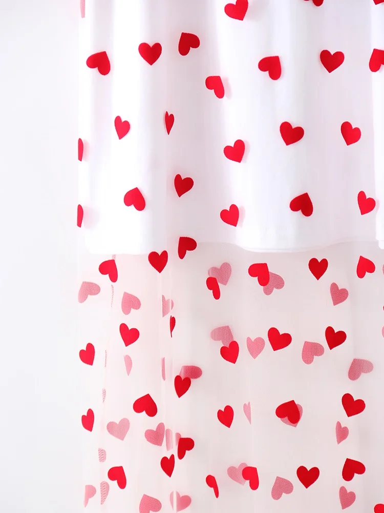 Long Mesh T Shirt Dress For Women Short Sleeve Heart Tulle Fake Two Piece Dresses WOmen's White Loose Maxi Dress With Heart Red