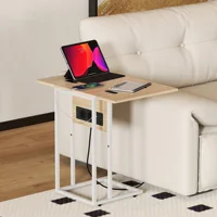 Table d'appoint pour canapé avec plateau pliable et station de charge, forme en C, pour salon, blanc et naturel 3