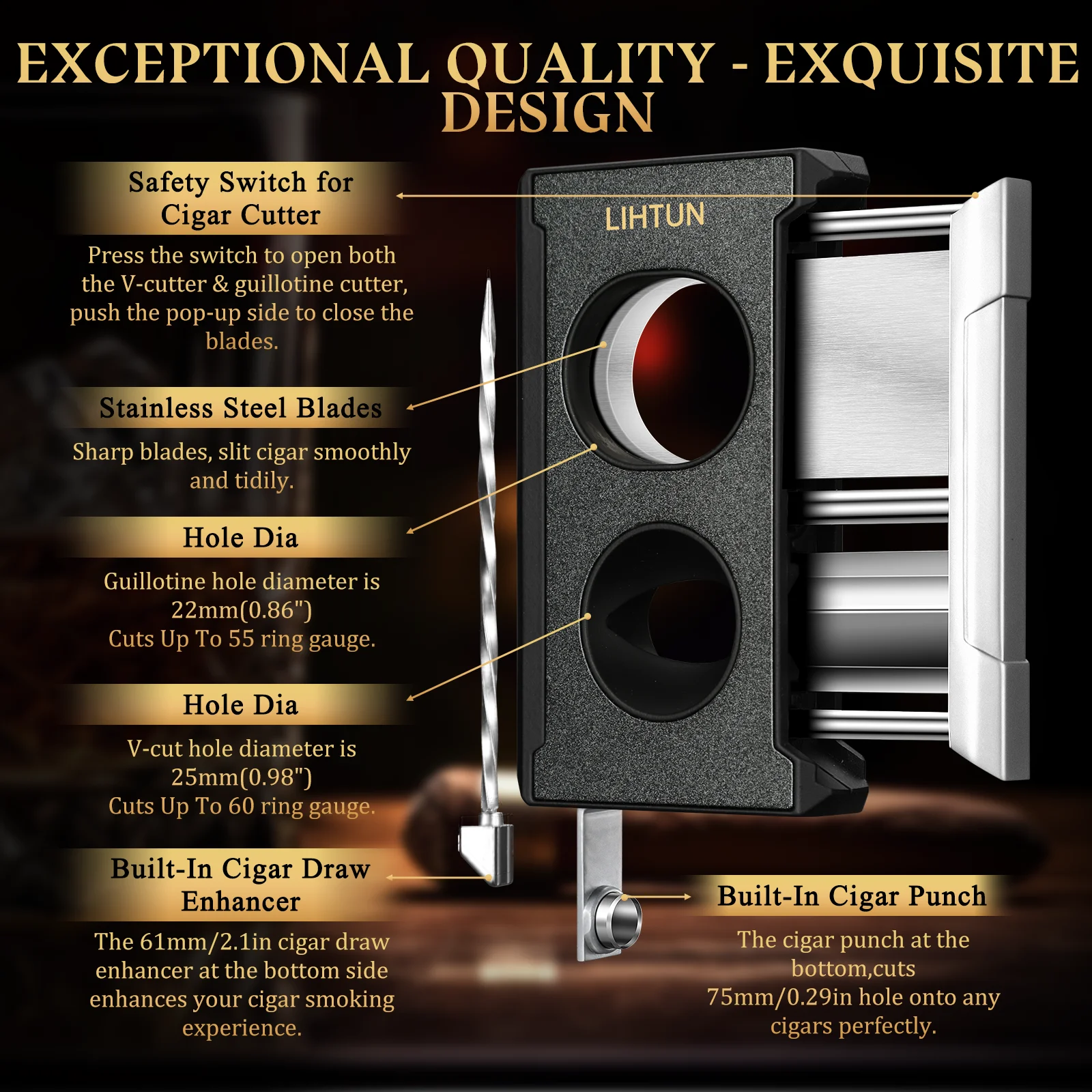Cigar Cutter Tools 4 in 1 Straight Cut V Cutter with Cigar Punch Draw Enhancer Stainless Steel Blade Clippers