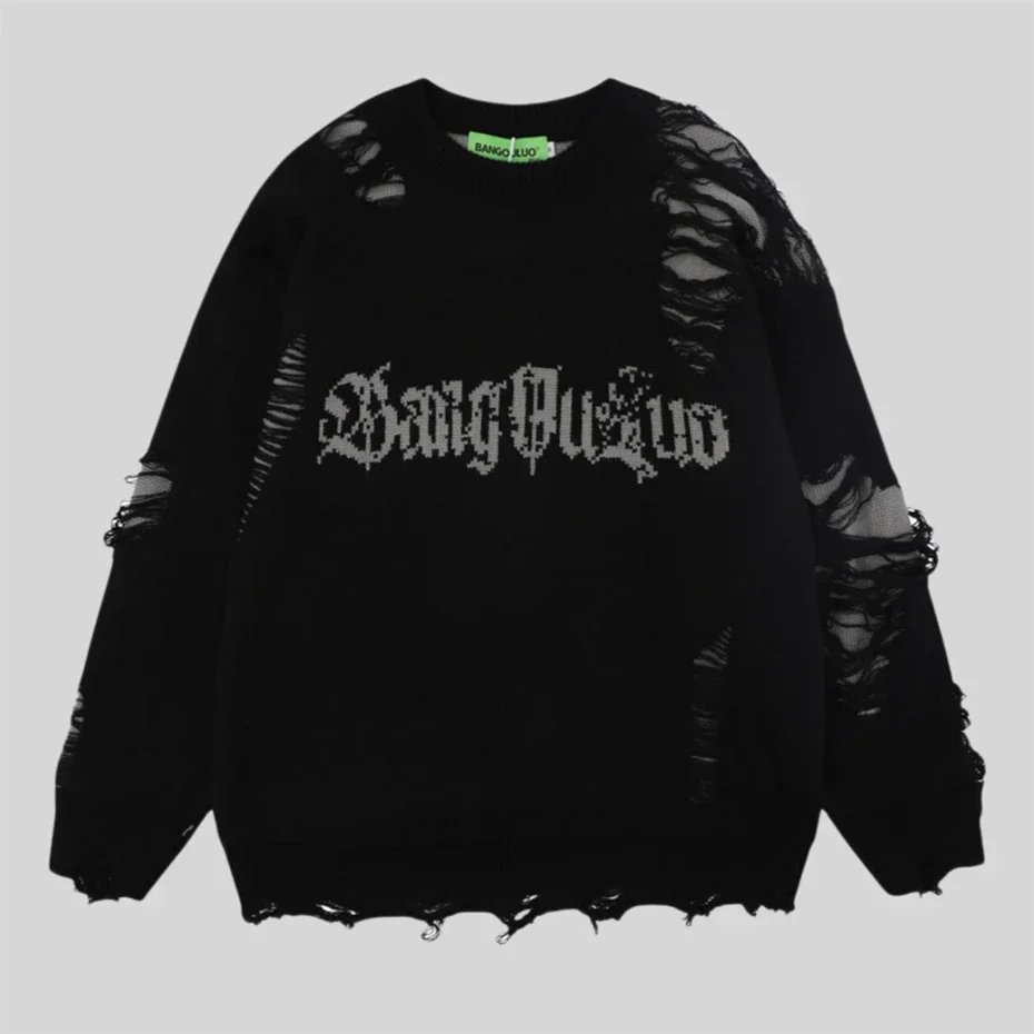 Torn Smooth Sweater Men Retro Ripped Hole Knitted Letter Plain Jumpers Men Streetwear Hip Hop Harajuku Punk Gothic Sweaters 2