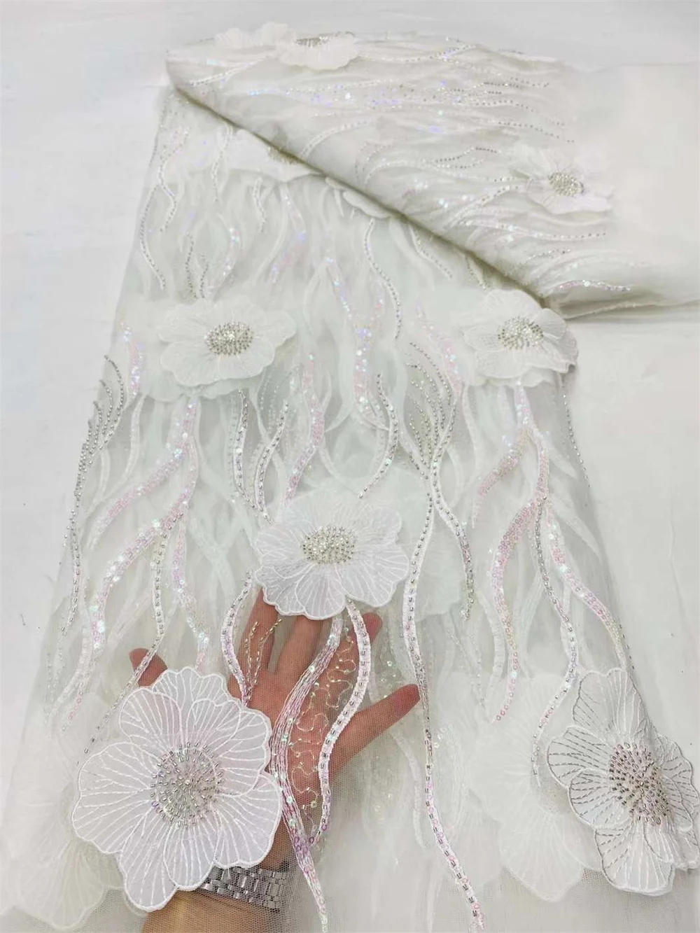 

African Tulle 3D Lace Fabrics 2024 High Quality Nigerian Lace White Lace Fabric Nigerian Fabric 5 Yrds African Dresses Wp286-2