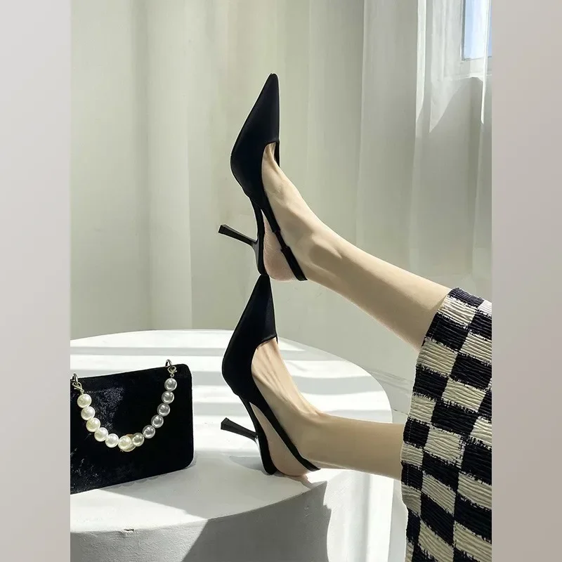 Black Slingback Sandals Women's Spring/Summer Pointed Toe Women's Super High Heels Elegant Shallow Ankle Buckle Design