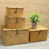Set of 4 Seagrass Basket with Lid Wicker Storage Basket Decor Storage Boxes Flat Storage Bins Woven Organizer Baskets for Shelf 3
