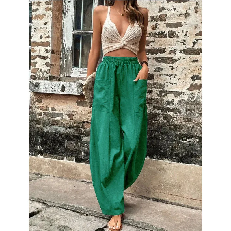 Spring Summer Solid Color Fashion Elastic Waist Wide Leg Trousers Women High Street High Waist Pockets Vintage All-match Pants