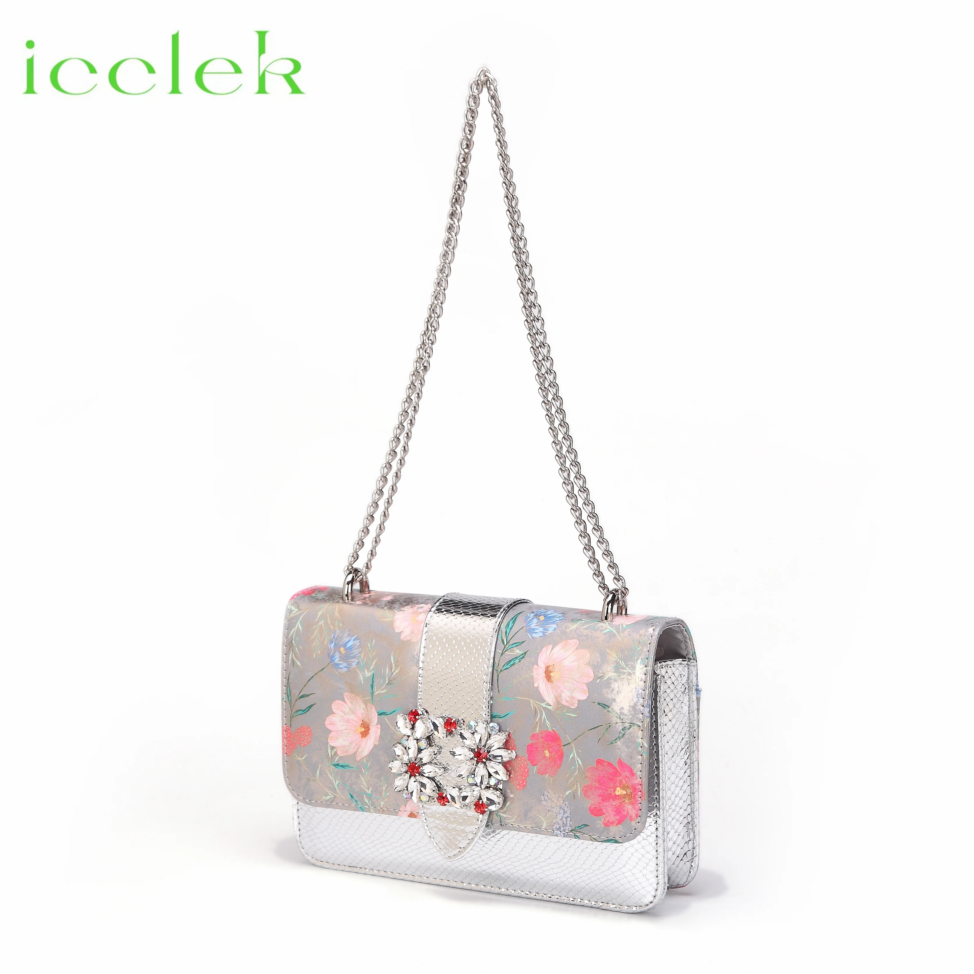 Women High Heels Sandals Printing Flower Material with Rhinestone Italian Design Coffee Color Pointed Toe Shoes and Bags Set