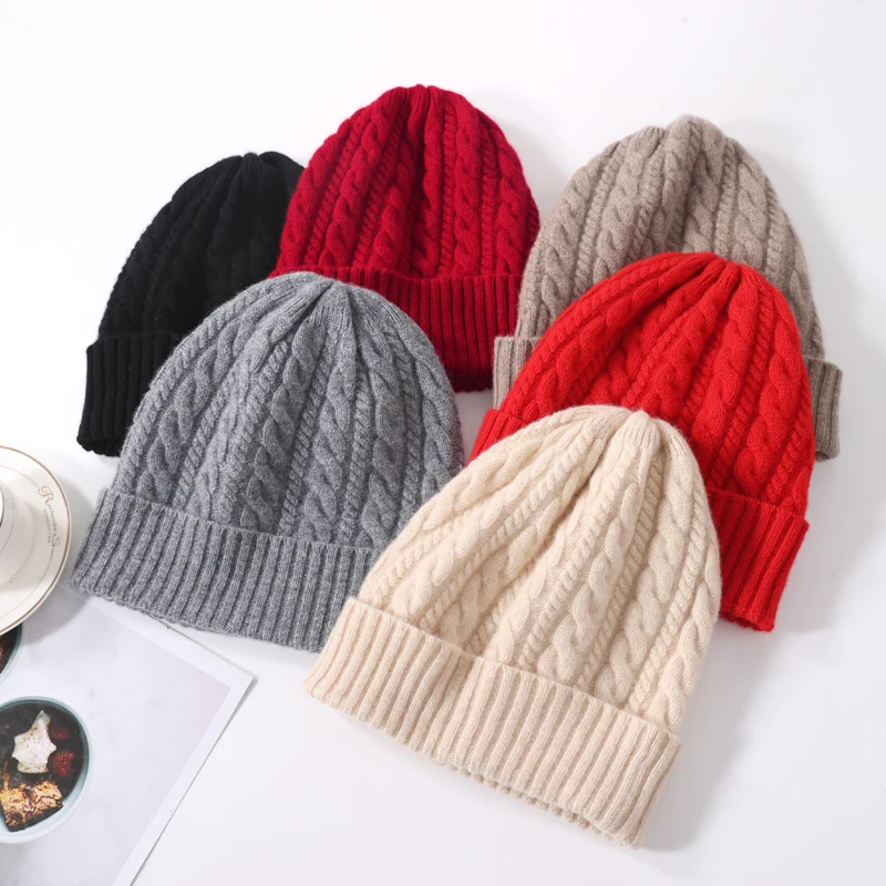 100%Pure Wool Women's Hat For Winter 2023 Warm Soft Luxury Cashmere Beanies Bonnet Twists Slouchy Street y2k Skullies For Girl 3