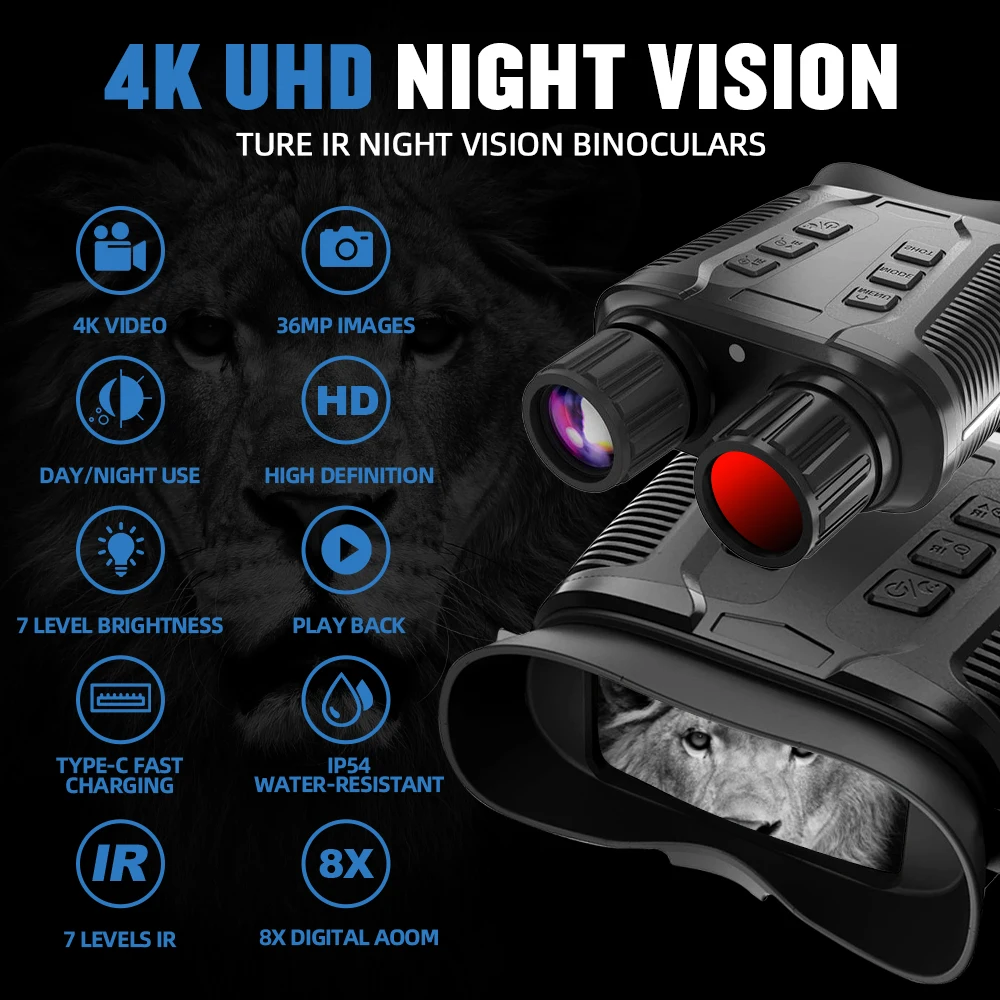 NV3280 4K UHD Full Color Binocular Telescope 36MP 10X Optical 8X Zoom 500M Infra