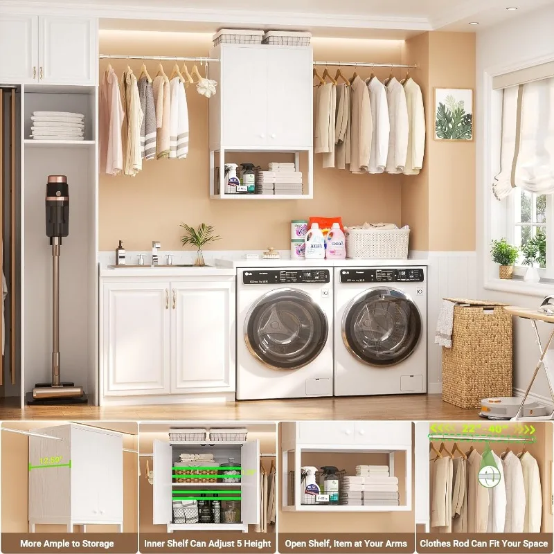 Wall Cabinet with 2 Hanging Rods, 67'' Wide Laundry Wall Cabinet with 2 Doors, Open Rack & Adjustable Inner Shelf 4