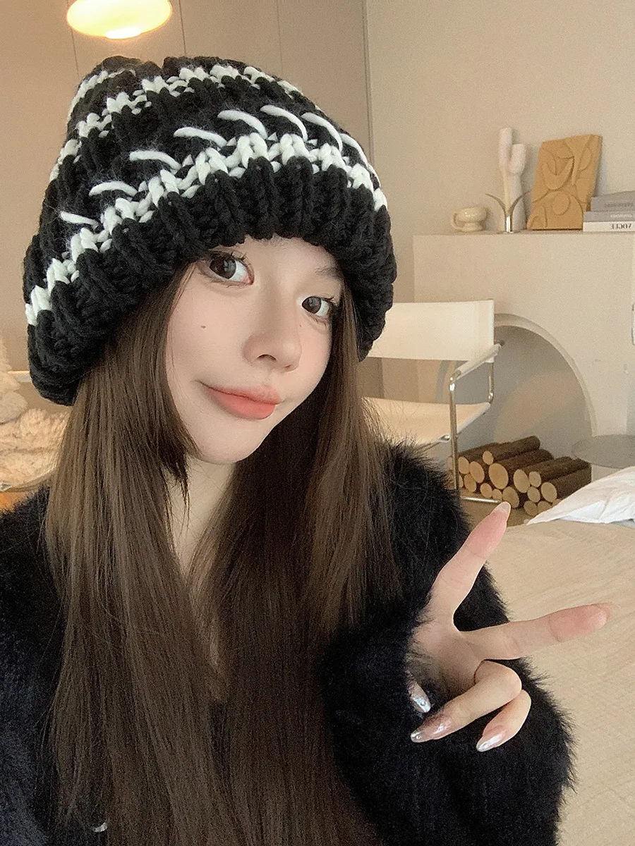 Gebreide beanie muts dames gestreept dik winter warm retro stijl_voghion.com