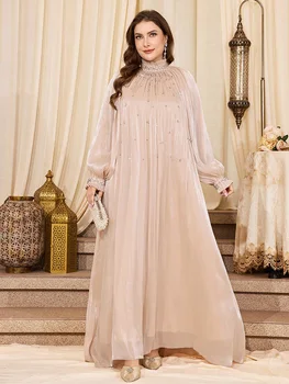 TOLEEN Plus Size Womens Solid Color Stand Collar Heavily Beaded Sequined Long Sleeve Elegant Maxi Dress For Party Wedding Spring