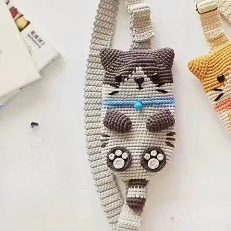 Cat Crossbody Bag DIY Material Yarn, Mobile Phone Bags Yarn Crochet Thread Set,Cute Coin Purse, Couple Weaving Gift Knitted Yarn 5