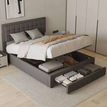 Letto contenitore per ascensore, struttura letto matrimoniale, struttura letto imbottita con ampio contenitore per ascensore a gas, per mobili da camera da letto, senza materassi 1