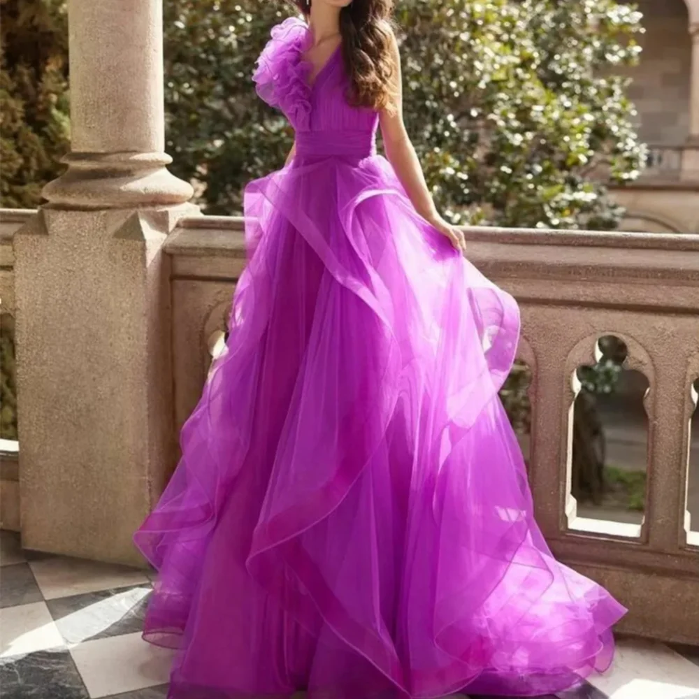 

Classy Long Purple V Neck Tulle Evening Dresses Sleeveless A Line Ruffled Floor Length Vestidos De Noche Party Gowns