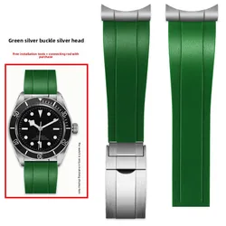 Curved End Silicone Rubber Watch Band Bracelet - Available in 20mm, 21mm, and 22mm Sizes - 21mm width (Green Silver)