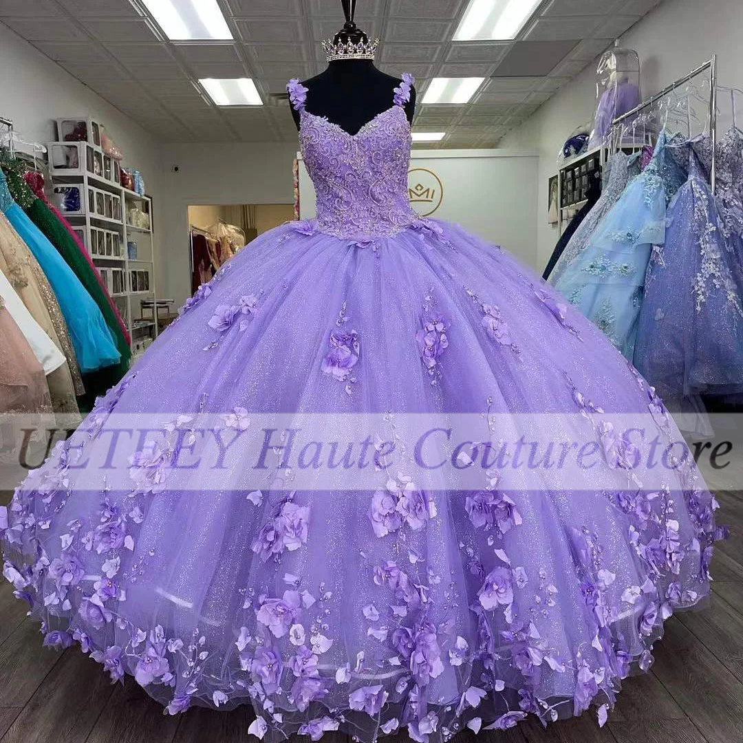 New Glitter Purple Quinceanera Dresses Spaghetti Strap With Wrap Sweet 15 Gowns 3D Flower Bead Vestidos De Quincea&ntilde;era