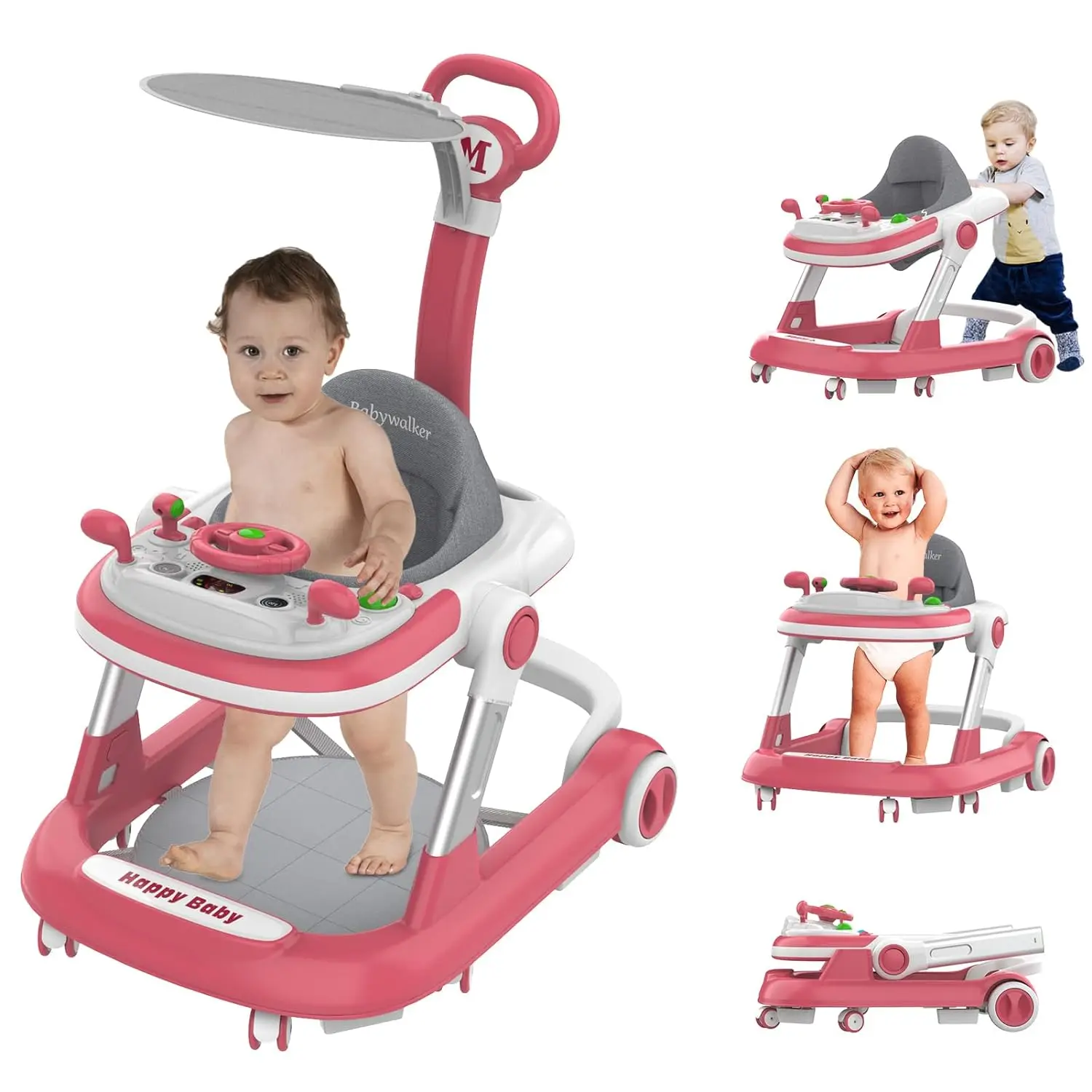 Baby Stroller 4 in 1 Foldable with Removable Toy Plate Music Light Height Adjustable Canopy