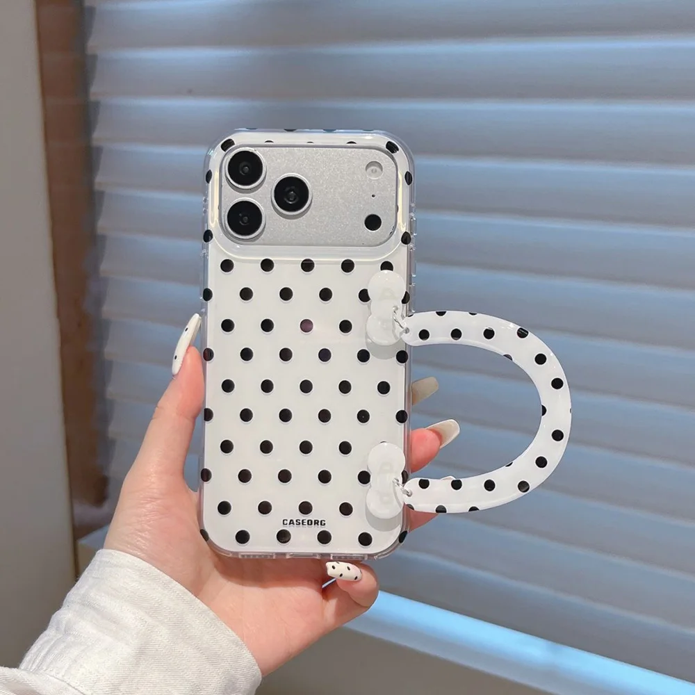 Elegant White Acrylic Phone Case with Fresh Candy Polka Bow Design
