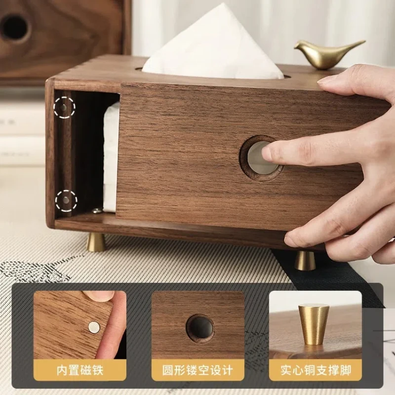 Black Walnut Wooden Drawn Paper Box Multi Functional Solid Wood Tissue Box New Chinese Style Living Room Desktop Storage Box 5