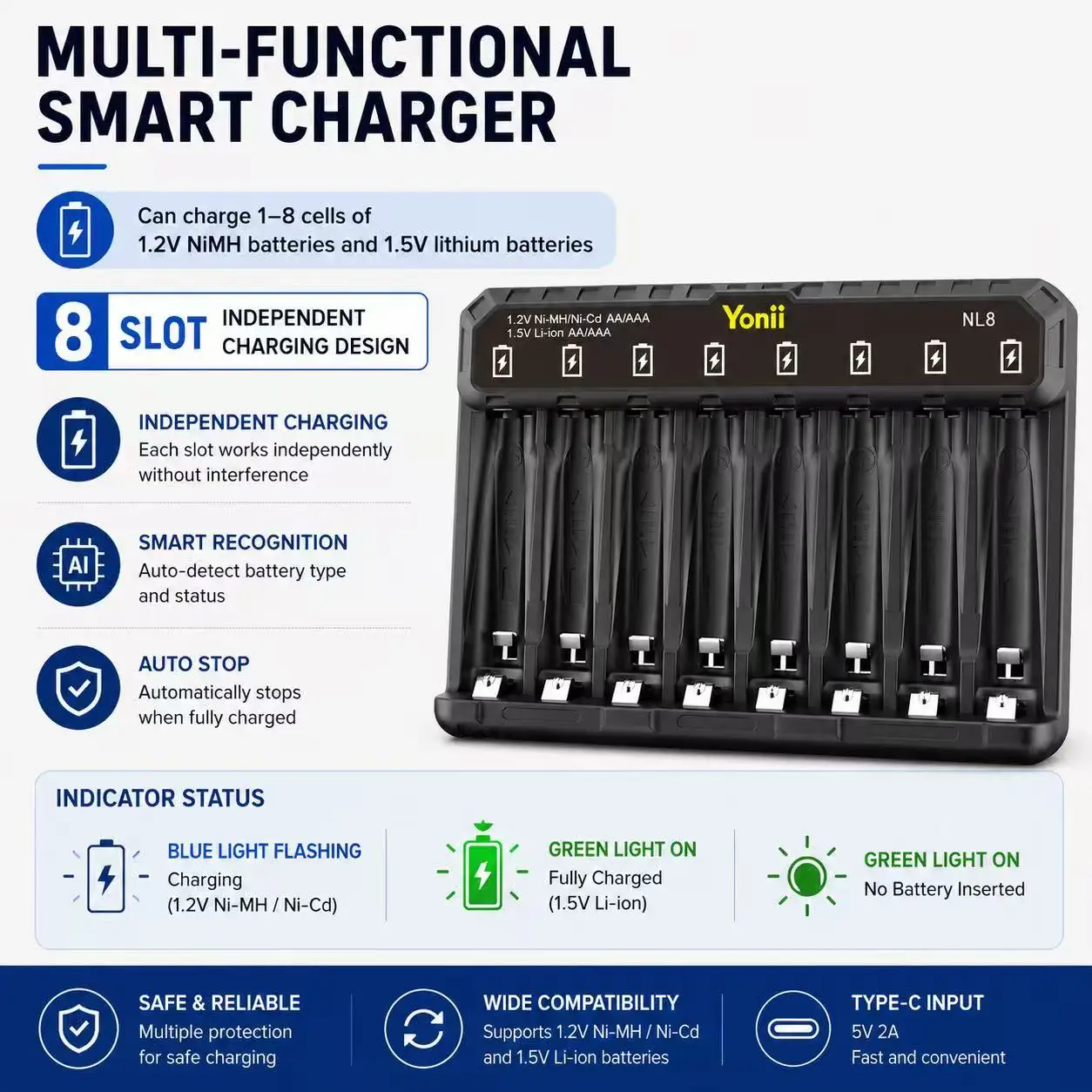 Chargeur Batteries Drone 8 Emplacements Indépendants Ni-MH Li-ion AA/AAA