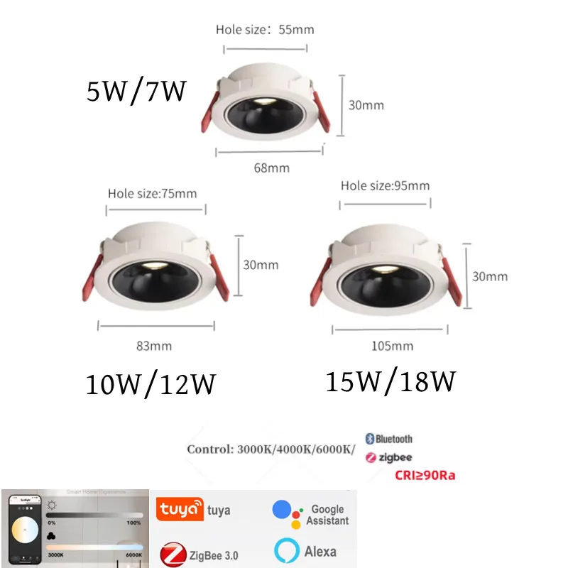 Zigbee3.0 Ultra-thin Embedded Dimmable LED Spotlights anti-glare adjustable 85V-265V TUYA Intelligent Indoor lighting led downlight recessed ceiling spotlight