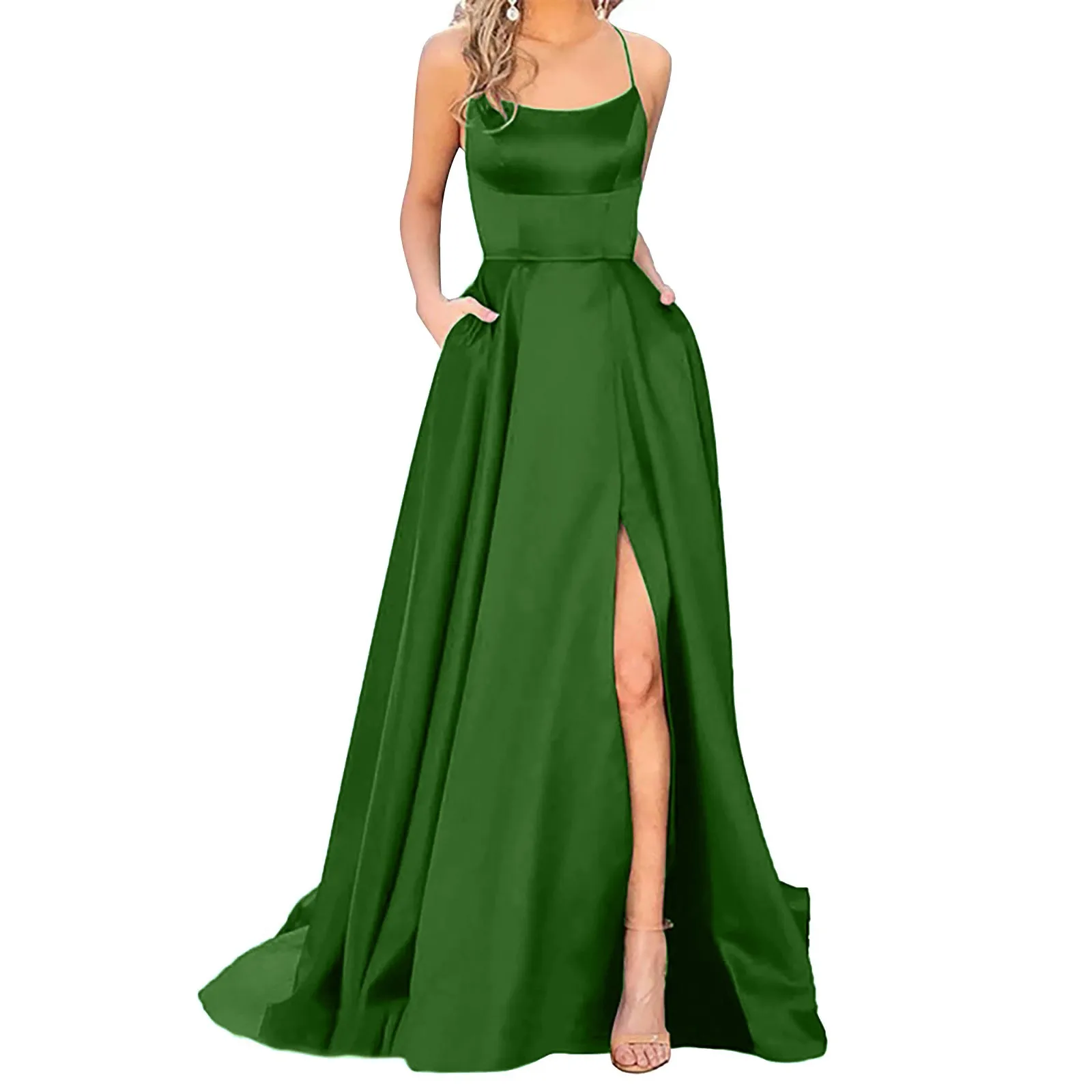 thumbnail image 1 of Vestido de fiesta de noche largo sin espalda sexy morado con abertura lateral vestido maxi para mujer línea A tirantes finos satén vestidos de fiesta formales vestido, 1 of 5