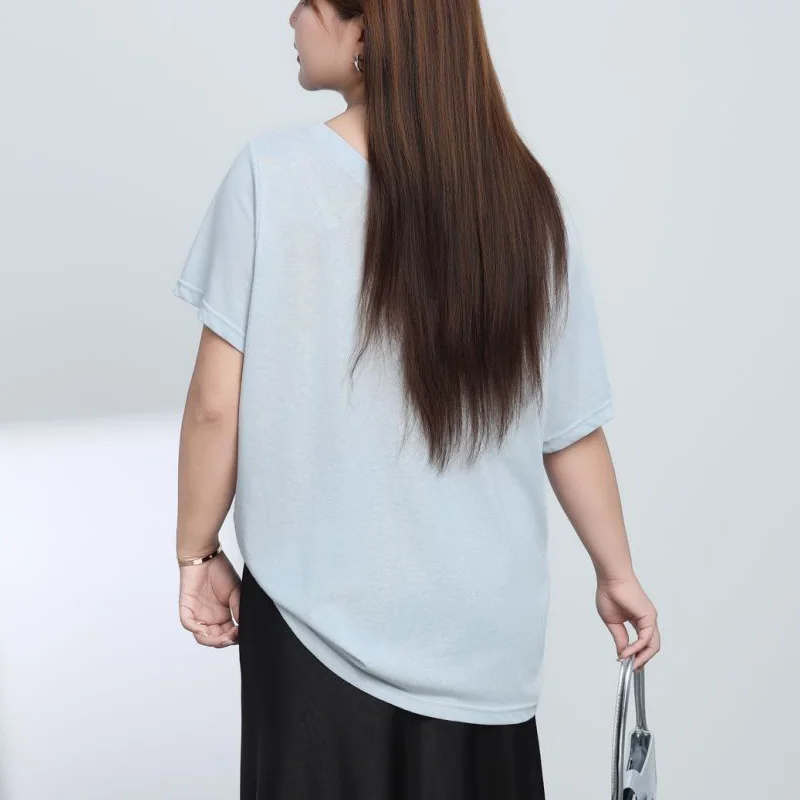 Necklace Dachshund Printed Loose Oblique Shoulder T-shirt Plus Size Women Premium Casual Short Sleeved Top 9176