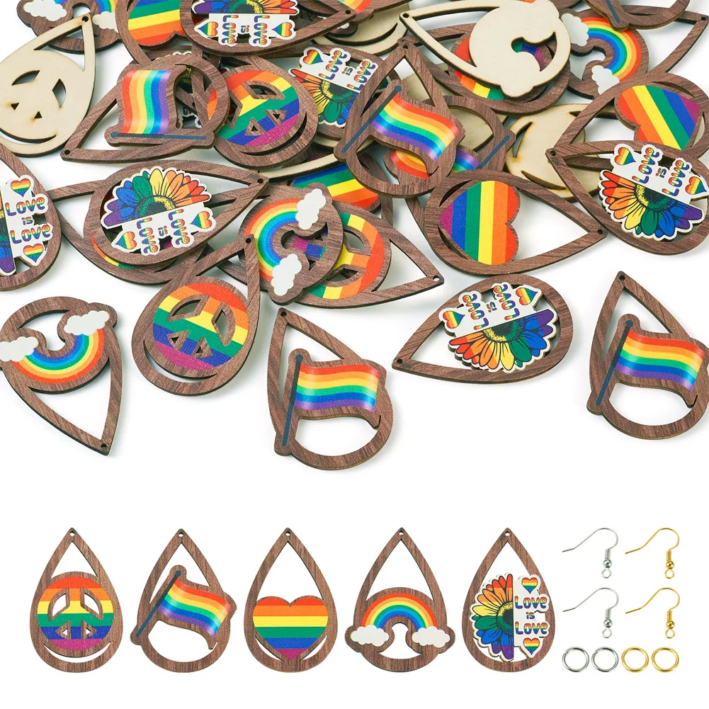 

40pcs Pride Rainbow Color Earring Wood Pendant Teardrop Heart Peace Sign Charms for Pride Month Decor Jewelry Making Findings