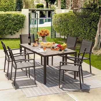 Patio Dining Set Outdoor Furniture with 6 Stackable Textilene Chairs and Large Table 1